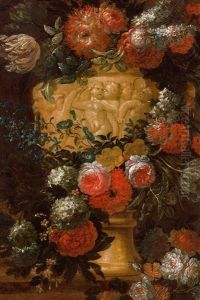 Prachtvolles Blumenstilleben Mit Steinerner Parkvase; Reliefdekor Mit Tanzenden Putten Und Maskaron