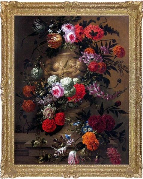 Flowers In A Terracota Vase On A Stone Ledge - view 1