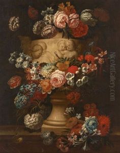 Guirlande De Fleurs Enroulee Autour D'un Vase D'albatre A Motifs De Putti Guirlande De Fleurs Enroulee Autour D'un Vase D'albatre A Motifs De Putti
