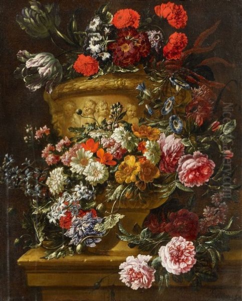 Pair Of Still Lifes With Flowers In Stone Vases - view 1