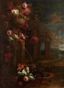 Bouquet De Fleurs Au Perroquet Bouquet De Fleurs A La Fontaine (pair) by Jan-Baptiste Bosschaert
