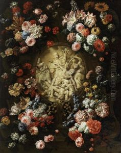 A Garland Of Flowers Surrounding A Medallion Enclosing An Early Christian Motif by Jan-Baptiste Bosschaert