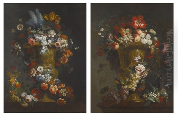 Still Life With Grapes, Peaches And Flowers In A Large Gilt Bronze 'krater' Vase After The Antique, Upon A Ledge; Still Life With Blue Butterfly Bush, Tiger Tulips And Other Flowers In A Large Gilt Bronze 'krater' Vase After The Antique, Upon A Ledge (pai - view 1