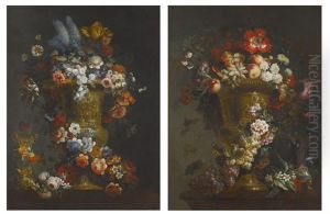 Still Life With Grapes, Peaches And Flowers In A Large Gilt Bronze 'krater' Vase After The Antique, Upon A Ledge; Still Life With Blue Butterfly Bush, Tiger Tulips And Other Flowers In A Large Gilt Bronze 'krater' Vase After The Antique, Upon A Ledge (pai by Jan-Baptiste Bosschaert
