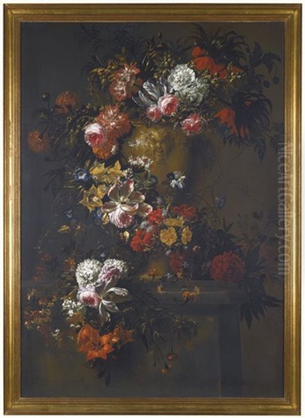 Still Life Of Roses, Tulips, Carnations, Daisies And Other Flowers In A Stone Vase On A Pedestal - view 1