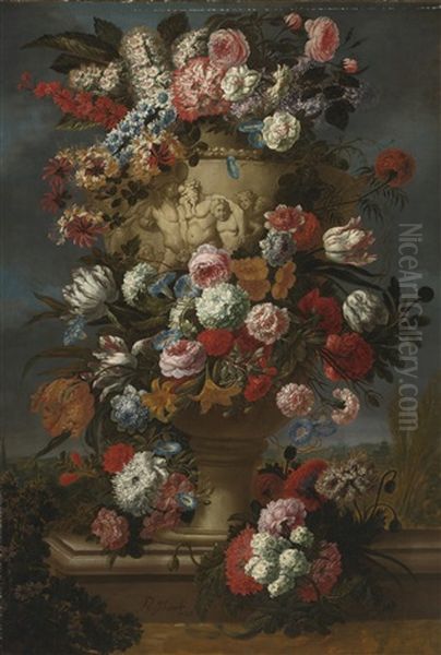 Flowers In A Sculpted Urn In A Landscape - view 1