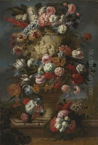 Flowers In A Sculpted Urn In A Landscape by Jan-Baptiste Bosschaert