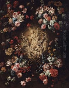 A Sculpted, Stone Medallion With An Early Christian Motif, Surrounded By A Wreath Of Flowers by Jan-Baptiste Bosschaert