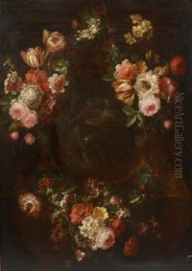Personnages Dans Un Entourage De Gerbes De Fleurs by Jan-Baptiste Bosschaert