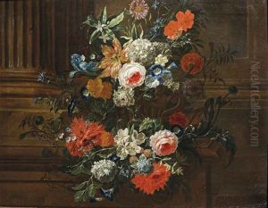 Hydrangeas, A Lily, Peonies, Carnations, A Blue Iris And Other Flowers, All On A Marble Ledge Near A Column