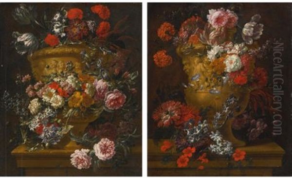 Still Lifes Of Flowers In Sculpted Stone Urns (pair) - view 1