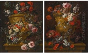 Still Lifes Of Flowers In Sculpted Stone Urns (pair) by Jan-Baptiste Bosschaert
