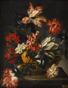 Still Life With Tulips, Peonies, And Convolvulus In A Classically Decorated Bowl Upon A Ledge