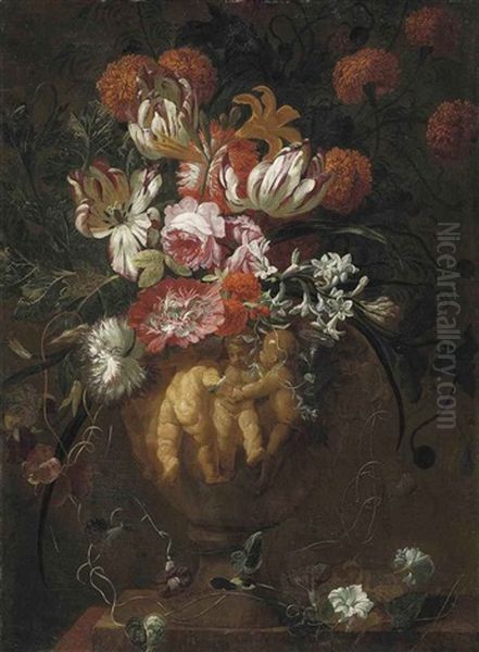 Roses, Tulips And Other Flowers In A Sculpted Urn With Putti In Relief, On A Ledge - view 1