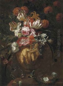 Roses, Tulips And Other Flowers In A Sculpted Urn With Putti In Relief, On A Ledge