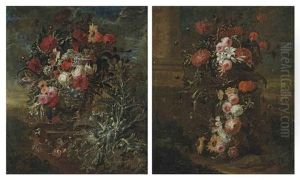 Roses, A Sunflower, Carnations, Chrysanthemums, A Tulip And Other Flowers In A Sculpted Stone Urn, On A Ledge, With A Thistle... (+ Roses, Lilies...; Pair)