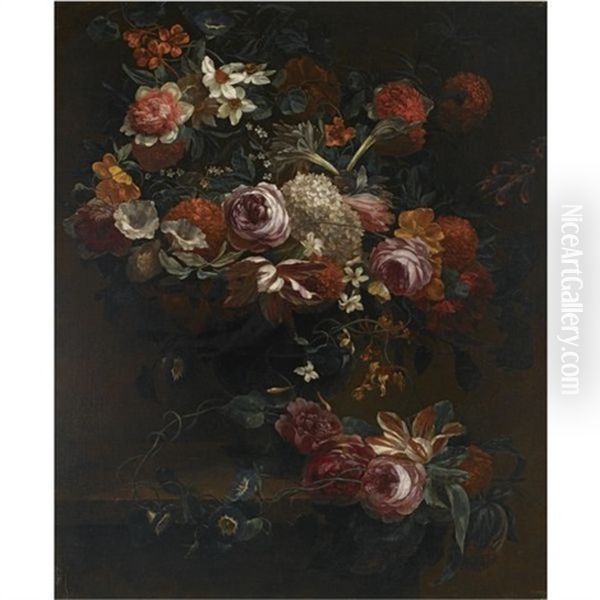 A Still Life Of Roses, Morning Glory, Daffodils, Hydrangeas And Other Flowers In Stone Vase On A Stone Ledge - view 1