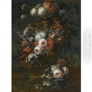 Still Life Of Morning Glory, Roses, A Parrot Tulip, Chrysanthemums And Other Flowers In Stone Vase, On A Stone Ledge by Jan-Baptiste Bosschaert