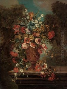 Tulips, Chrysanthemums, Convolvulus, Camelias And Other Flowers In An Urn On A Stone Ledge
