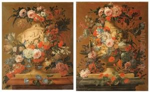 Natures Mortes Aux Fleurs Sur Un Entablement Avec Vases Et Amours En Grisaille (pair)