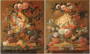 Natures Mortes Aux Fleurs Sur Un Entablement Avec Vases Et Amours En Grisaille (pair)