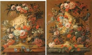 Natures Mortes Aux Fleurs Sur Un Entablement Avec Vases Et Amours En Grisaille (pair)