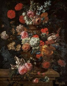 Still Life With Tulips, Roses, Carnations And Other Flowers In An Urn by Jan-Baptiste Bosschaert