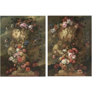 Still Lifes Of Elaborate Sculpted Urns Decorated With Carnations, Parrot Tulips, Irises, Morning Glory And Other Flowers (pair)