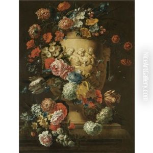 A Still Life With A Sculpted Urn Depicting Carousing Putti, Decorated With A Garland Of Flowers by Jan-Baptiste Bosschaert