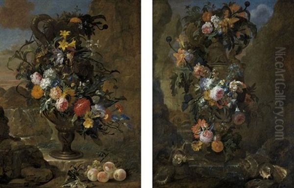 Still Life Of Flowers Set In An Exterior, With Peaches And Grapes In The Foreground (+ Another, Similar; Pair) - view 1