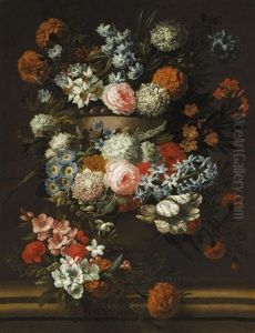 A Still Of Flowers In A Stone Urn, Including Roses And Chrysanthemums