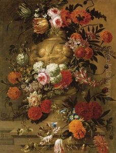 Flowers In A Terracotta Vase On A Stone Ledge by Jan-Baptiste Bosschaert