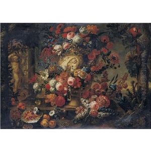 Still Life Of Flowers In A Sculpted Vase Resting On A Stone Ledge With Fruit, A Parrot And A Fountain With A Putto And Dolphin, In A Landscape