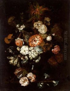 A Still Life Of Roses, Carnations, Anemonies And Other Flowers, All In A Vase On A Wooden Ledge