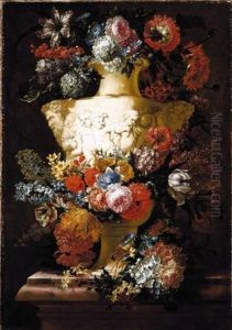 Still Life Of Flowers With A Garland Draped Around An Urn Sculpted With Putti