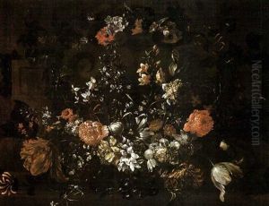 Nature Morte A La Guirlande De Fleurs Decorant Un Cartouche Sculpte
