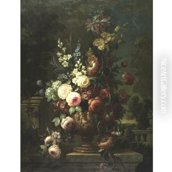 Still Life Of Flowers In An Elaborate Urn On A Marble Ledge - view 1