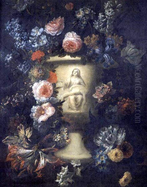 Guirlande De Fleurs Entourant Un Vase Decore D'une Pieta - view 1