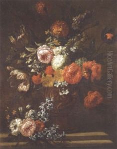 Tulipes, Roses, Pivoines, Boules De Neige, Oeillet D'inde...dans Un Vase Pose Sur Un Entablement De Pierre
