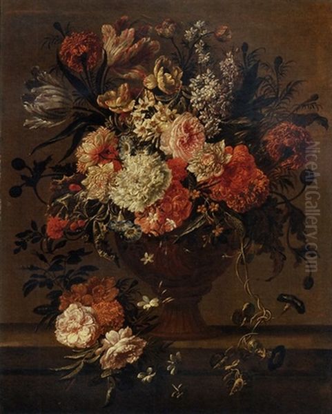 Tulips, Roses, Morning Glory And Other Flowers In A Sculpted Vase On A Stone Ledge - view 1