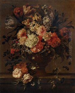 Tulips, Roses, Morning Glory And Other Flowers In A Sculpted Vase On A Stone Ledge by Jan-Baptiste Bosschaert