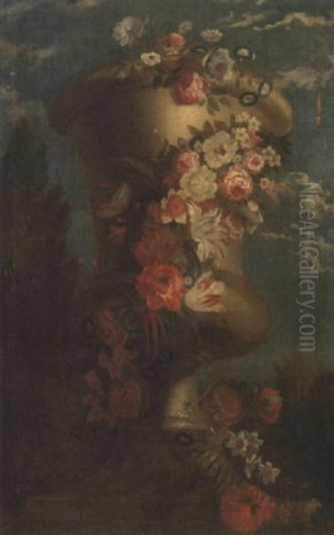 Roses, Carnations, Tulips, Morning Glory And Other Flowers In An Urn - view 1