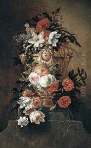 A Still Life Of Tulips, Chrysanthemums, Roses, Poppies And Stocks In A Sculpted Stone Urn Upon A Plinth A Still Life Of Tulips, Chrysanthemums, Roses, Poppies And Stocks In A Sculpted Stone Urn Upon A Plinth