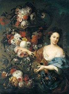 A Still Life Of Roses, Hyacinths, Tulips, Morning Glory And Chrysanthemums Adorning A Stone Urn And Ledge, Together With A Young Woman