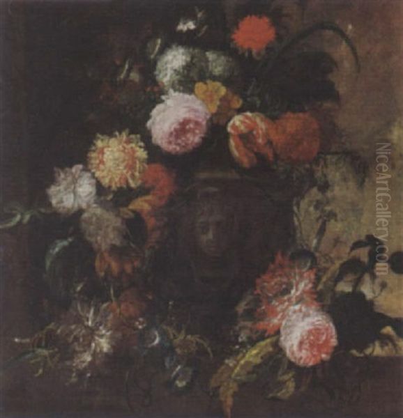 A Still Life With Roses, Tulips And Other Flowers In A Vase, All On A Marble Ledge - view 1