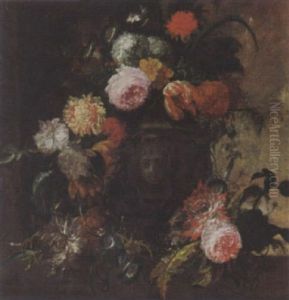 A Still Life With Roses, Tulips And Other Flowers In A Vase, All On A Marble Ledge by Jan-Baptiste Bosschaert