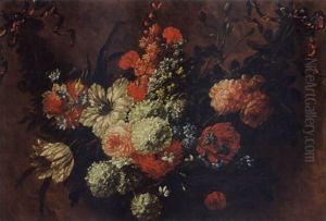 A Garland With Tulips, Roses, Snowballs, Hyancinths, Poppy Anemones, Buttercups And Other Flowers Tied With A Ribbon by Jan-Baptiste Bosschaert