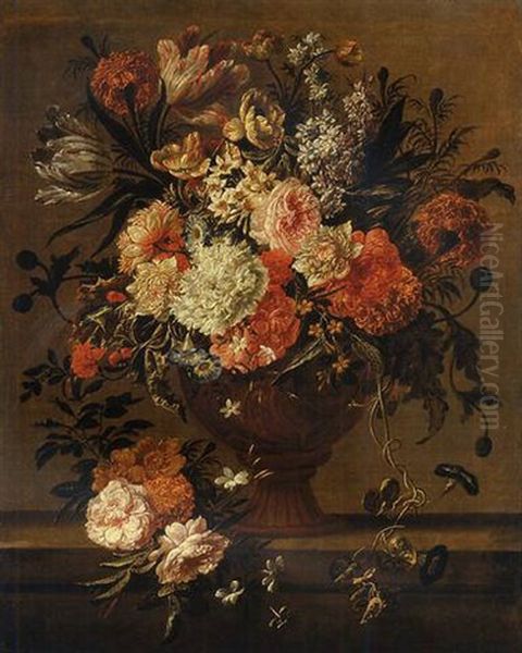 Tulips, Roses, Morning Glory And Other Flowers In A Sculpted Vase - view 1