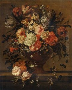 Tulips, Roses, Morning Glory And Other Flowers In A Sculpted Vase