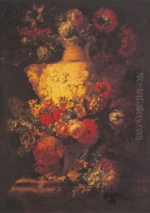 Roses, Tulips, Carnations, Peonies, Morning Glory And Other Flowers Decorating A Sculped Urn On A Ledge thumbnail